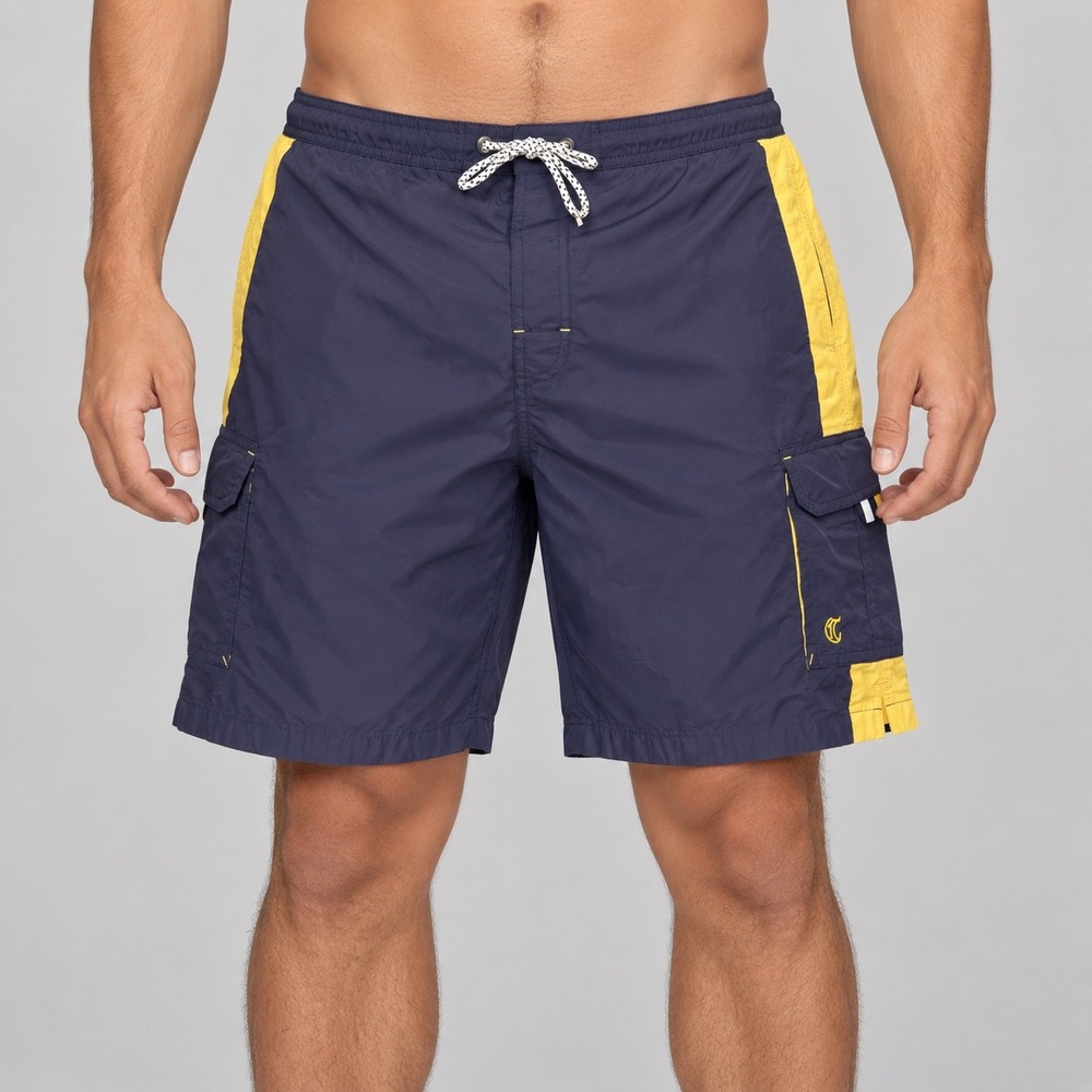 Vintage Cremieux Beachwear Swim Trunks Mens L Navy Blue Yellow Cargo Y2K Shorts
